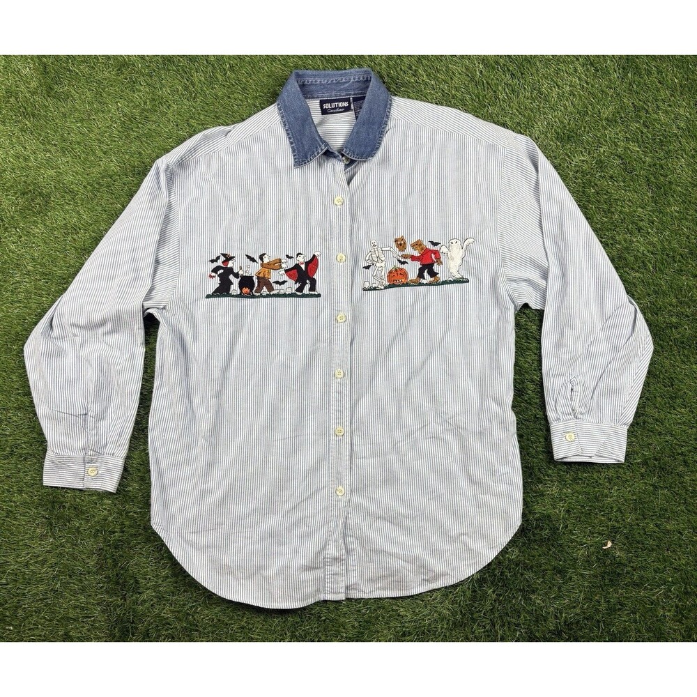 Vintage Solutions XL Stripe Halloween Button Shirt Fall Spooky Skeleton Teacher